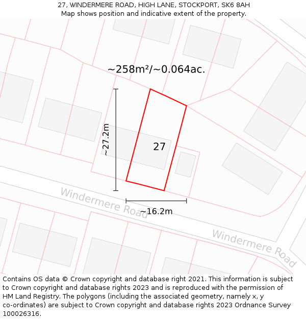 27, WINDERMERE ROAD, HIGH LANE, STOCKPORT, SK6 8AH: Plot and title map