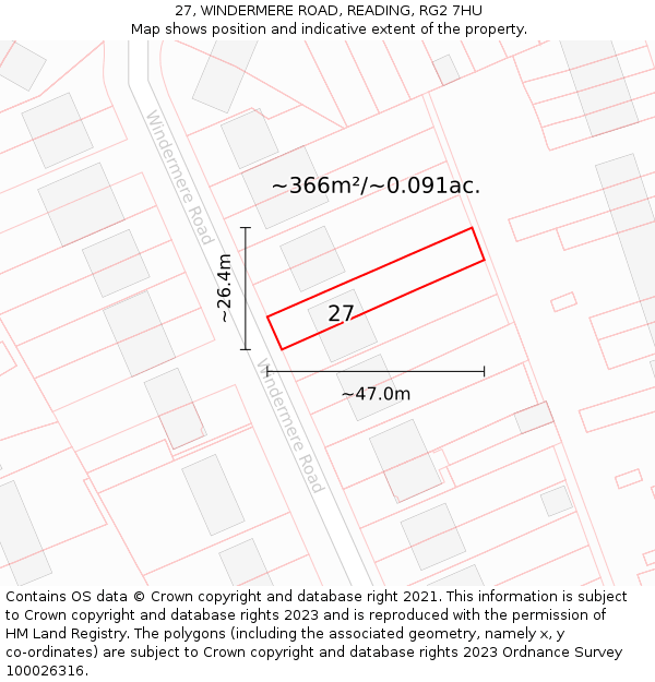 27, WINDERMERE ROAD, READING, RG2 7HU: Plot and title map