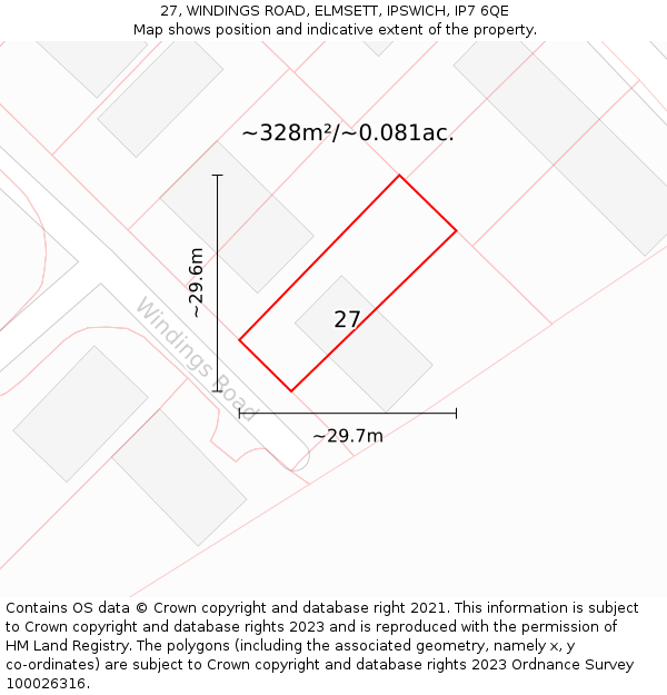 27, WINDINGS ROAD, ELMSETT, IPSWICH, IP7 6QE: Plot and title map