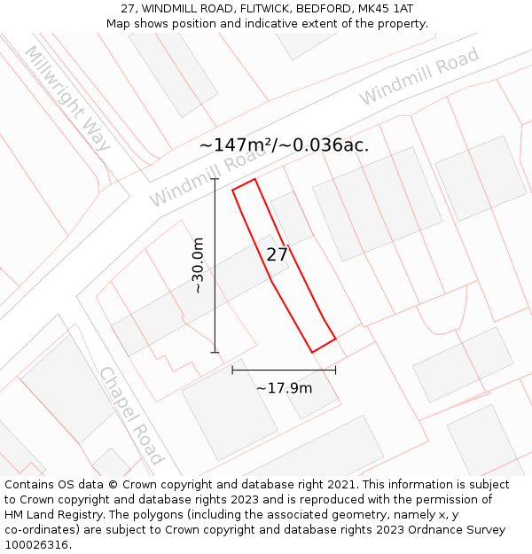 27, WINDMILL ROAD, FLITWICK, BEDFORD, MK45 1AT: Plot and title map