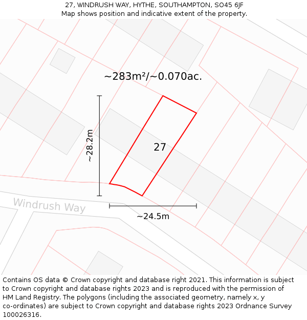 27, WINDRUSH WAY, HYTHE, SOUTHAMPTON, SO45 6JF: Plot and title map