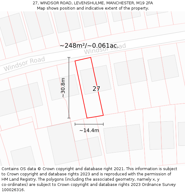 27, WINDSOR ROAD, LEVENSHULME, MANCHESTER, M19 2FA: Plot and title map