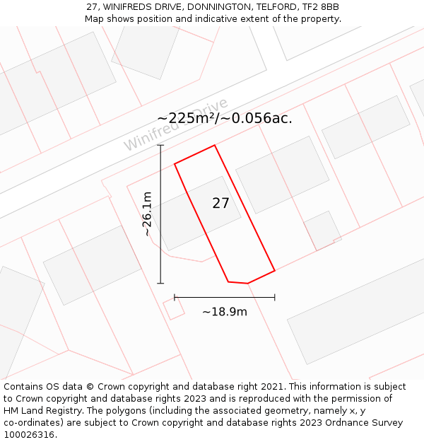 27, WINIFREDS DRIVE, DONNINGTON, TELFORD, TF2 8BB: Plot and title map