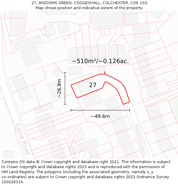 27, WISDOMS GREEN, COGGESHALL, COLCHESTER, CO6 1SG: Plot and title map