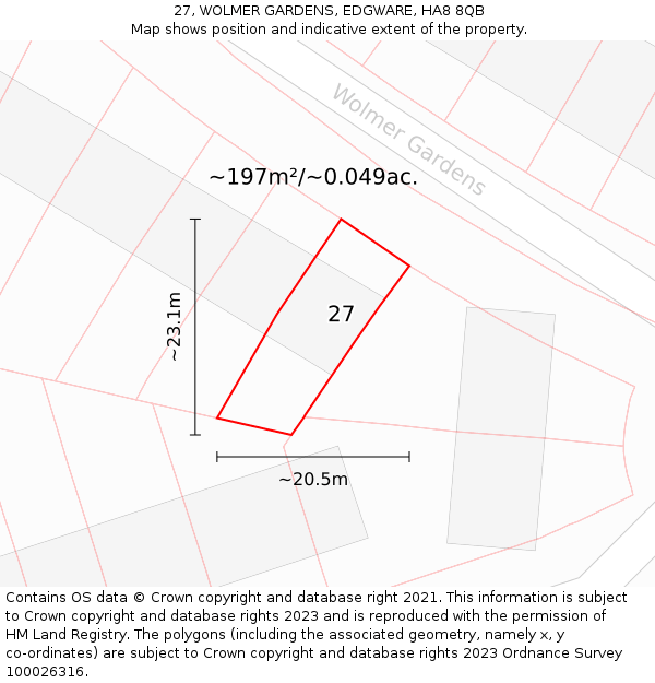 27, WOLMER GARDENS, EDGWARE, HA8 8QB: Plot and title map