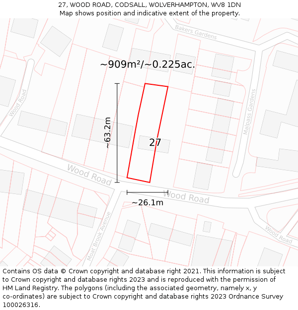 27, WOOD ROAD, CODSALL, WOLVERHAMPTON, WV8 1DN: Plot and title map