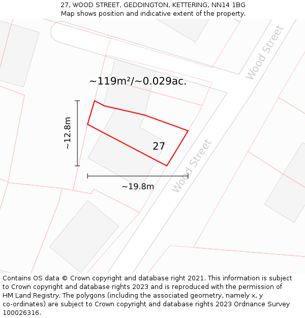 27, WOOD STREET, GEDDINGTON, KETTERING, NN14 1BG: Plot and title map