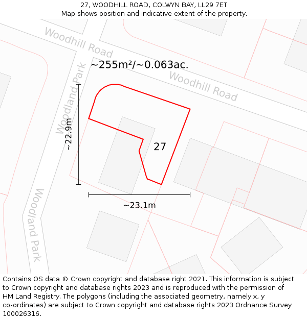 27, WOODHILL ROAD, COLWYN BAY, LL29 7ET: Plot and title map