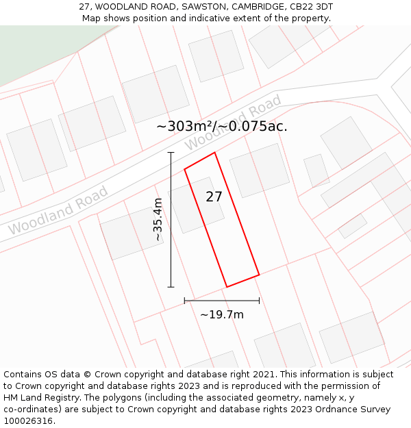 27, WOODLAND ROAD, SAWSTON, CAMBRIDGE, CB22 3DT: Plot and title map