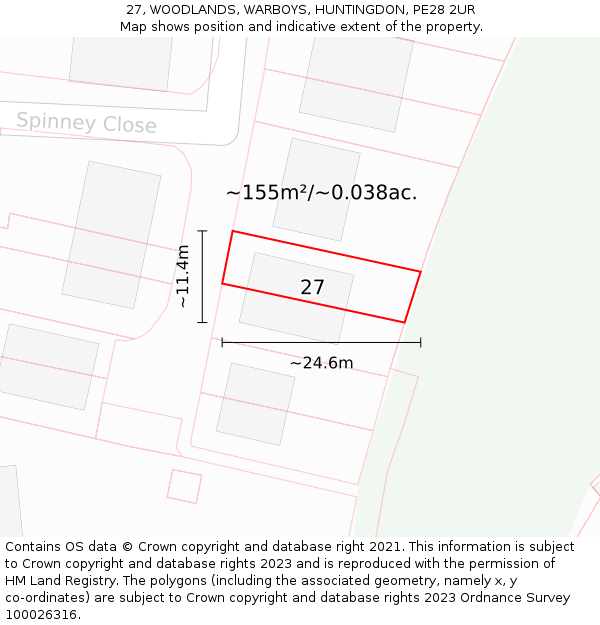 27, WOODLANDS, WARBOYS, HUNTINGDON, PE28 2UR: Plot and title map