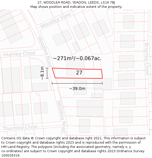 27, WOODLEA ROAD, YEADON, LEEDS, LS19 7BJ: Plot and title map