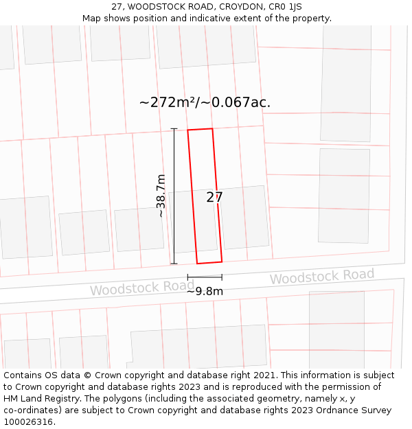 27, WOODSTOCK ROAD, CROYDON, CR0 1JS: Plot and title map