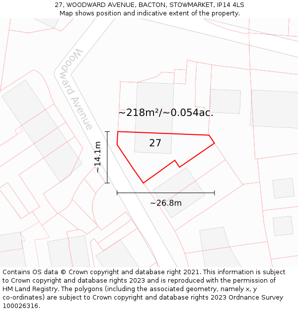 27, WOODWARD AVENUE, BACTON, STOWMARKET, IP14 4LS: Plot and title map