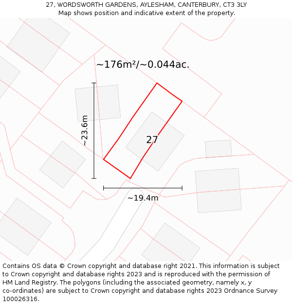 27, WORDSWORTH GARDENS, AYLESHAM, CANTERBURY, CT3 3LY: Plot and title map