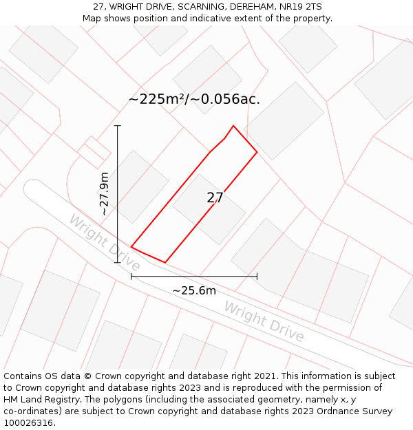 27, WRIGHT DRIVE, SCARNING, DEREHAM, NR19 2TS: Plot and title map