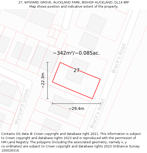 27, WYNYARD GROVE, AUCKLAND PARK, BISHOP AUCKLAND, DL14 8RF: Plot and title map