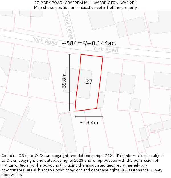 27, YORK ROAD, GRAPPENHALL, WARRINGTON, WA4 2EH: Plot and title map