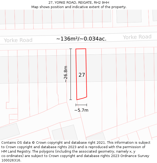 27, YORKE ROAD, REIGATE, RH2 9HH: Plot and title map