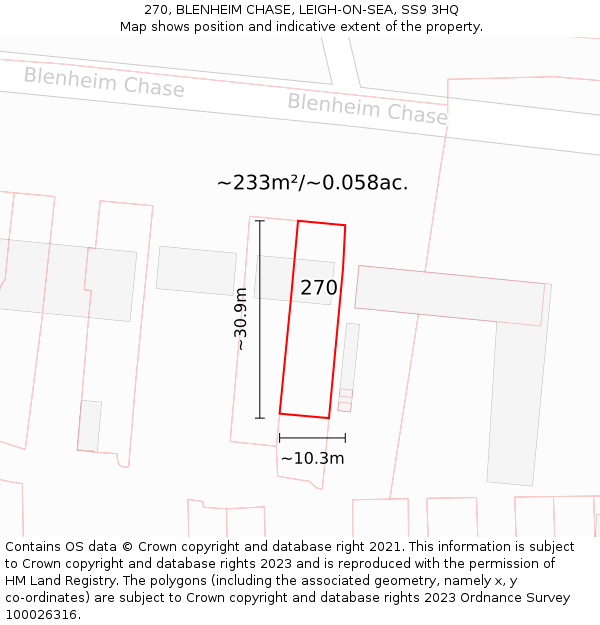 270, BLENHEIM CHASE, LEIGH-ON-SEA, SS9 3HQ: Plot and title map