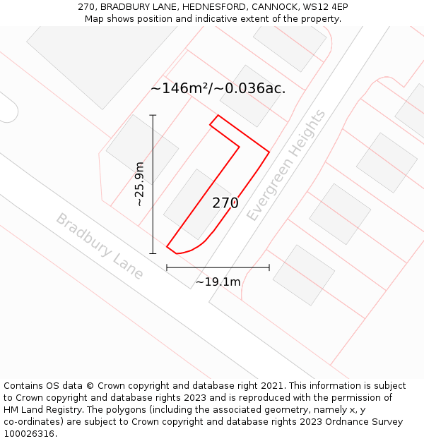 270, BRADBURY LANE, HEDNESFORD, CANNOCK, WS12 4EP: Plot and title map