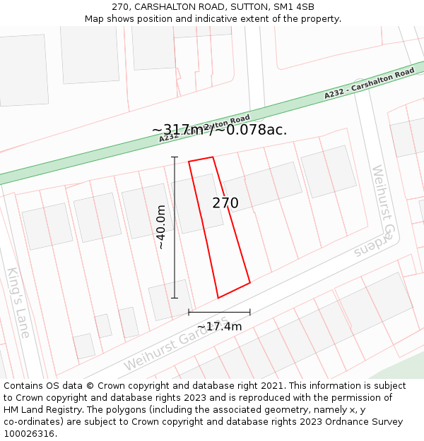 270, CARSHALTON ROAD, SUTTON, SM1 4SB: Plot and title map