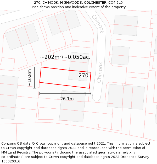 270, CHINOOK, HIGHWOODS, COLCHESTER, CO4 9UX: Plot and title map