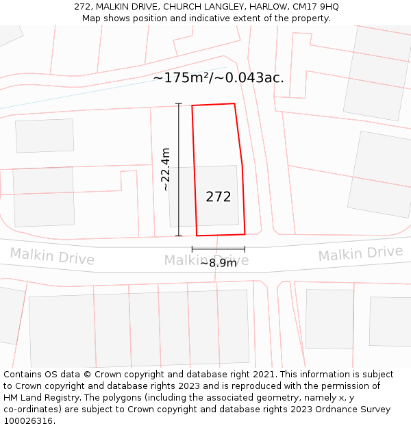 272, MALKIN DRIVE, CHURCH LANGLEY, HARLOW, CM17 9HQ: Plot and title map