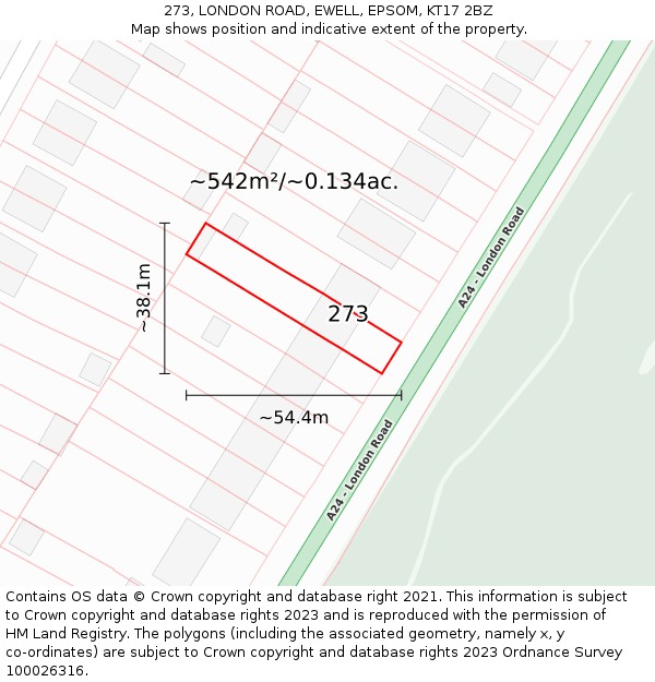 273, LONDON ROAD, EWELL, EPSOM, KT17 2BZ: Plot and title map