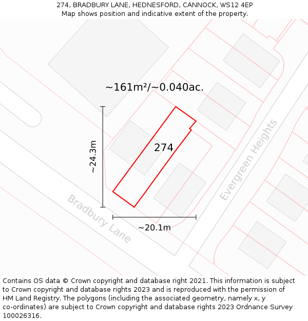 274, BRADBURY LANE, HEDNESFORD, CANNOCK, WS12 4EP: Plot and title map