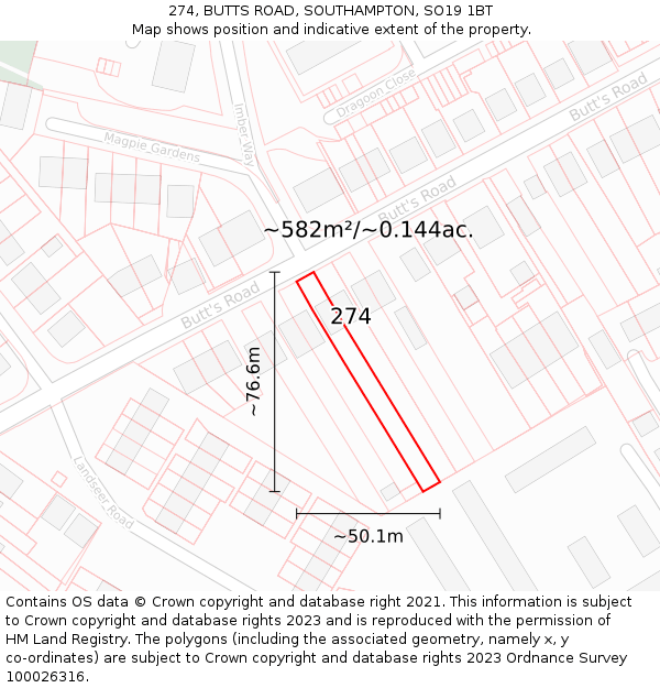 274, BUTTS ROAD, SOUTHAMPTON, SO19 1BT: Plot and title map