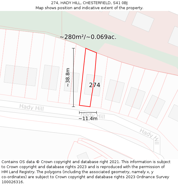 274, HADY HILL, CHESTERFIELD, S41 0BJ: Plot and title map