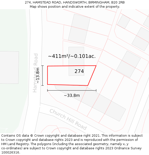 274, HAMSTEAD ROAD, HANDSWORTH, BIRMINGHAM, B20 2RB: Plot and title map