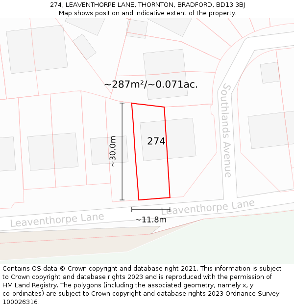 274, LEAVENTHORPE LANE, THORNTON, BRADFORD, BD13 3BJ: Plot and title map