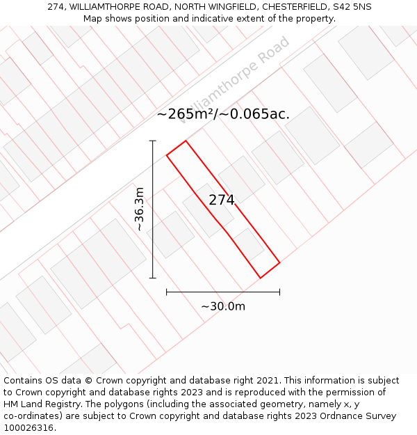 274, WILLIAMTHORPE ROAD, NORTH WINGFIELD, CHESTERFIELD, S42 5NS: Plot and title map
