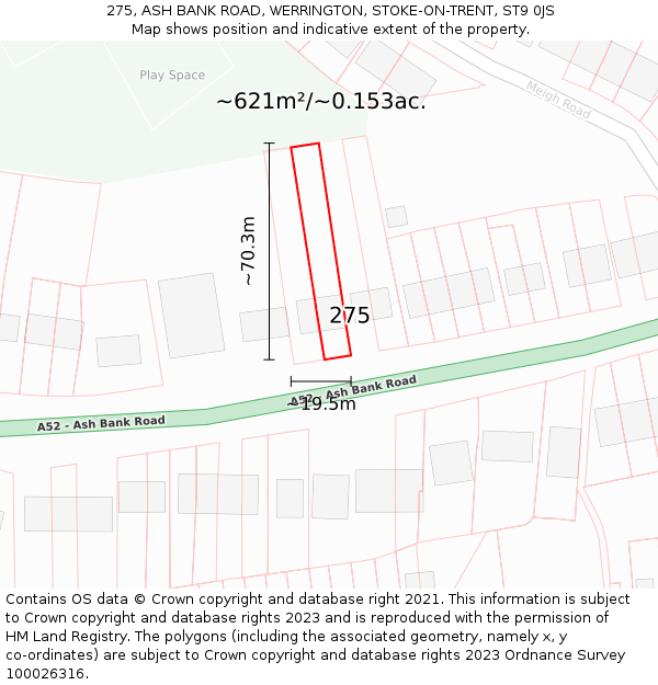 275, ASH BANK ROAD, WERRINGTON, STOKE-ON-TRENT, ST9 0JS: Plot and title map