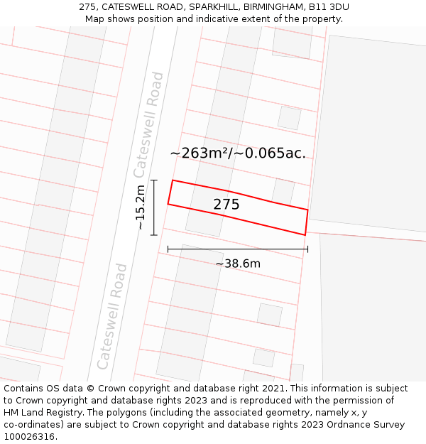 275, CATESWELL ROAD, SPARKHILL, BIRMINGHAM, B11 3DU: Plot and title map