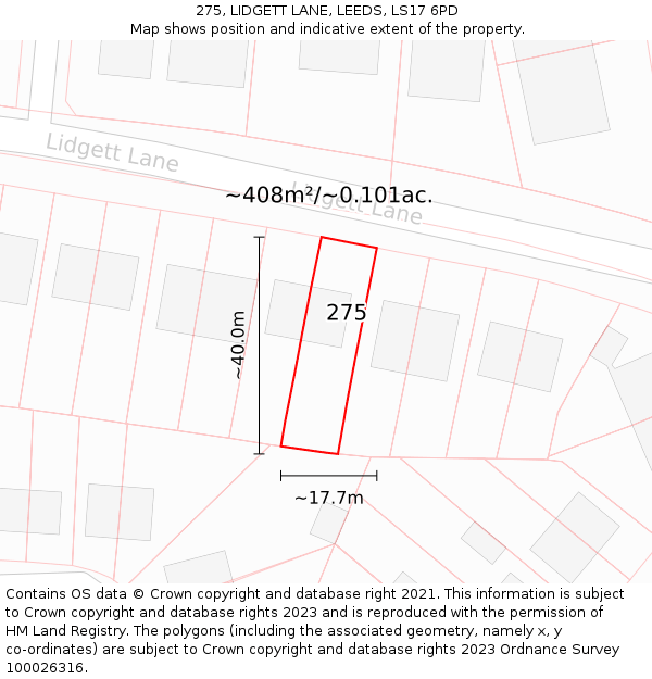 275, LIDGETT LANE, LEEDS, LS17 6PD: Plot and title map