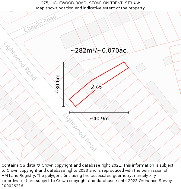 275, LIGHTWOOD ROAD, STOKE-ON-TRENT, ST3 4JW: Plot and title map