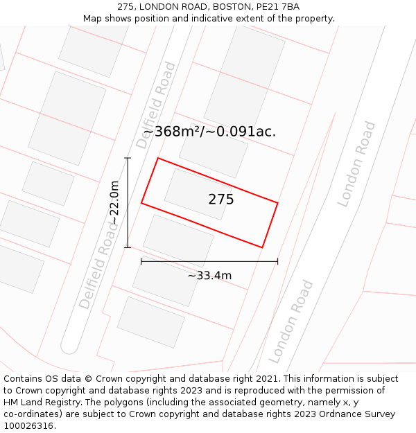 275, LONDON ROAD, BOSTON, PE21 7BA: Plot and title map