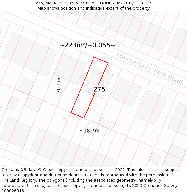 275, MALMESBURY PARK ROAD, BOURNEMOUTH, BH8 8PX: Plot and title map