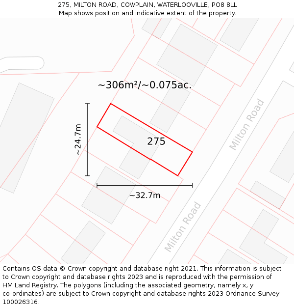 275, MILTON ROAD, COWPLAIN, WATERLOOVILLE, PO8 8LL: Plot and title map