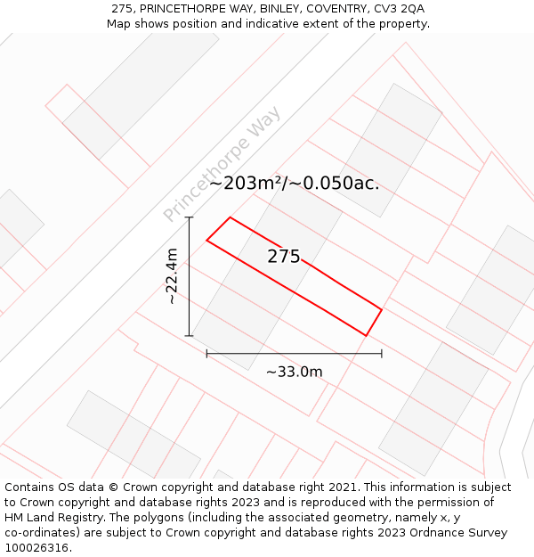 275, PRINCETHORPE WAY, BINLEY, COVENTRY, CV3 2QA: Plot and title map