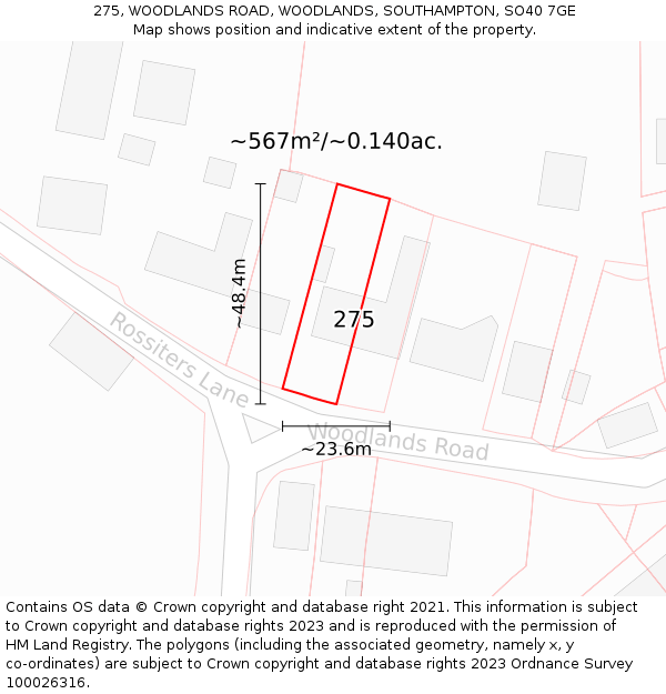 275, WOODLANDS ROAD, WOODLANDS, SOUTHAMPTON, SO40 7GE: Plot and title map