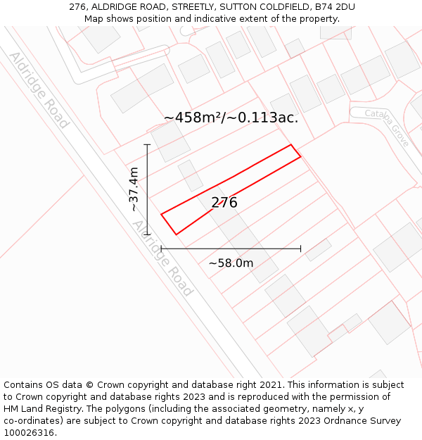 276, ALDRIDGE ROAD, STREETLY, SUTTON COLDFIELD, B74 2DU: Plot and title map