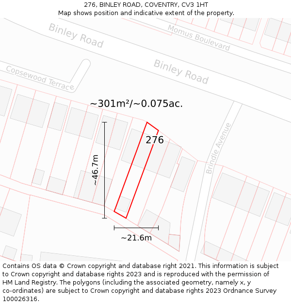 276, BINLEY ROAD, COVENTRY, CV3 1HT: Plot and title map