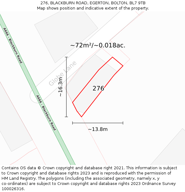 276, BLACKBURN ROAD, EGERTON, BOLTON, BL7 9TB: Plot and title map