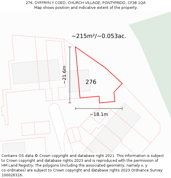 276, DYFFRYN Y COED, CHURCH VILLAGE, PONTYPRIDD, CF38 1QA: Plot and title map