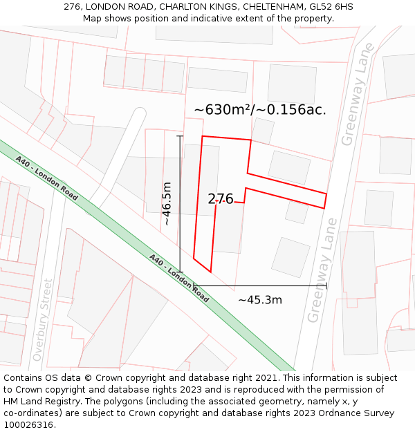 276, LONDON ROAD, CHARLTON KINGS, CHELTENHAM, GL52 6HS: Plot and title map