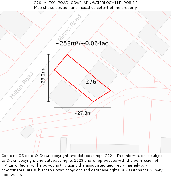 276, MILTON ROAD, COWPLAIN, WATERLOOVILLE, PO8 8JP: Plot and title map