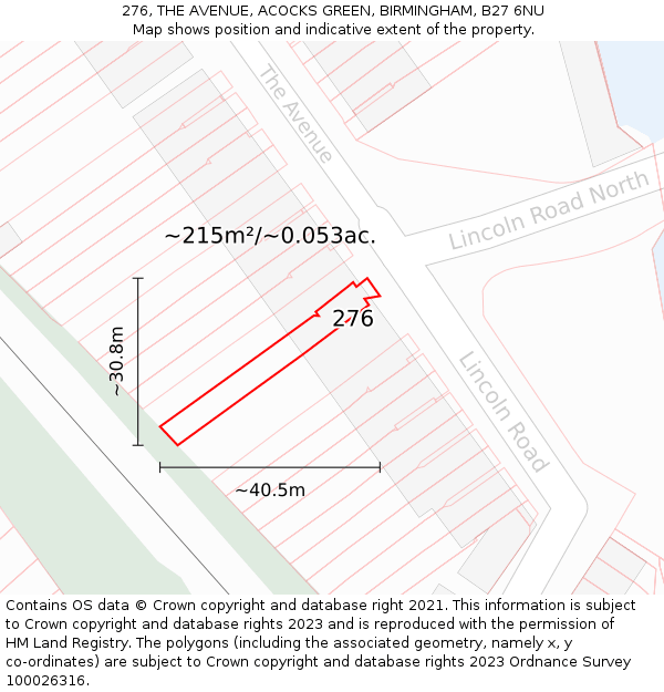 276, THE AVENUE, ACOCKS GREEN, BIRMINGHAM, B27 6NU: Plot and title map